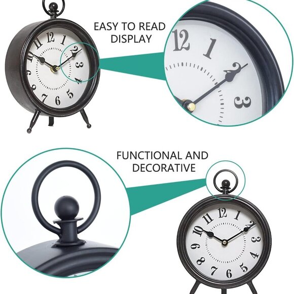 Vintage Black Table Clock on Stand, Decorative Desk and Shelf Clock, Rustic Mant - Picture 6 of 7